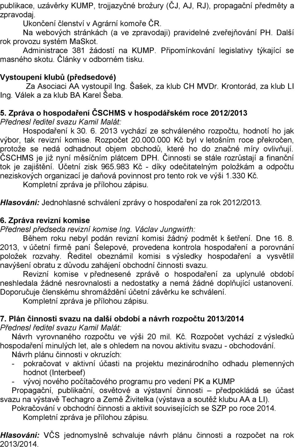 Vystoupení klubů (předsedové) Za Asociaci AA vystoupil Ing. Šašek, za klub CH MVDr. Krontorád, za klub LI Ing. Válek a za klub BA Karel Šeba. 5.