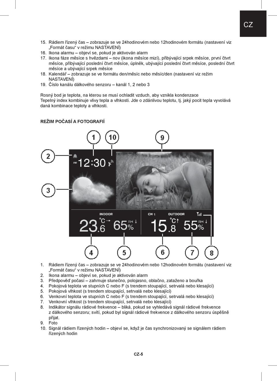 ubývající srpek měsíce 18. Kalendář zobrazuje se ve formátu den/měsíc nebo měsíc/den (nastavení viz režim NASTAVENÍ) 19.