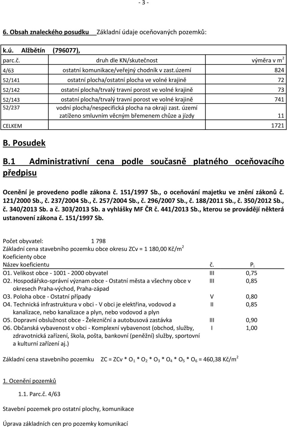 52/237 vodní plocha/nespecifická plocha na okraji zast. území zatíženo smluvním věcným břemenem chůze a jízdy 11 CELKEM 1721 B. Posudek B.