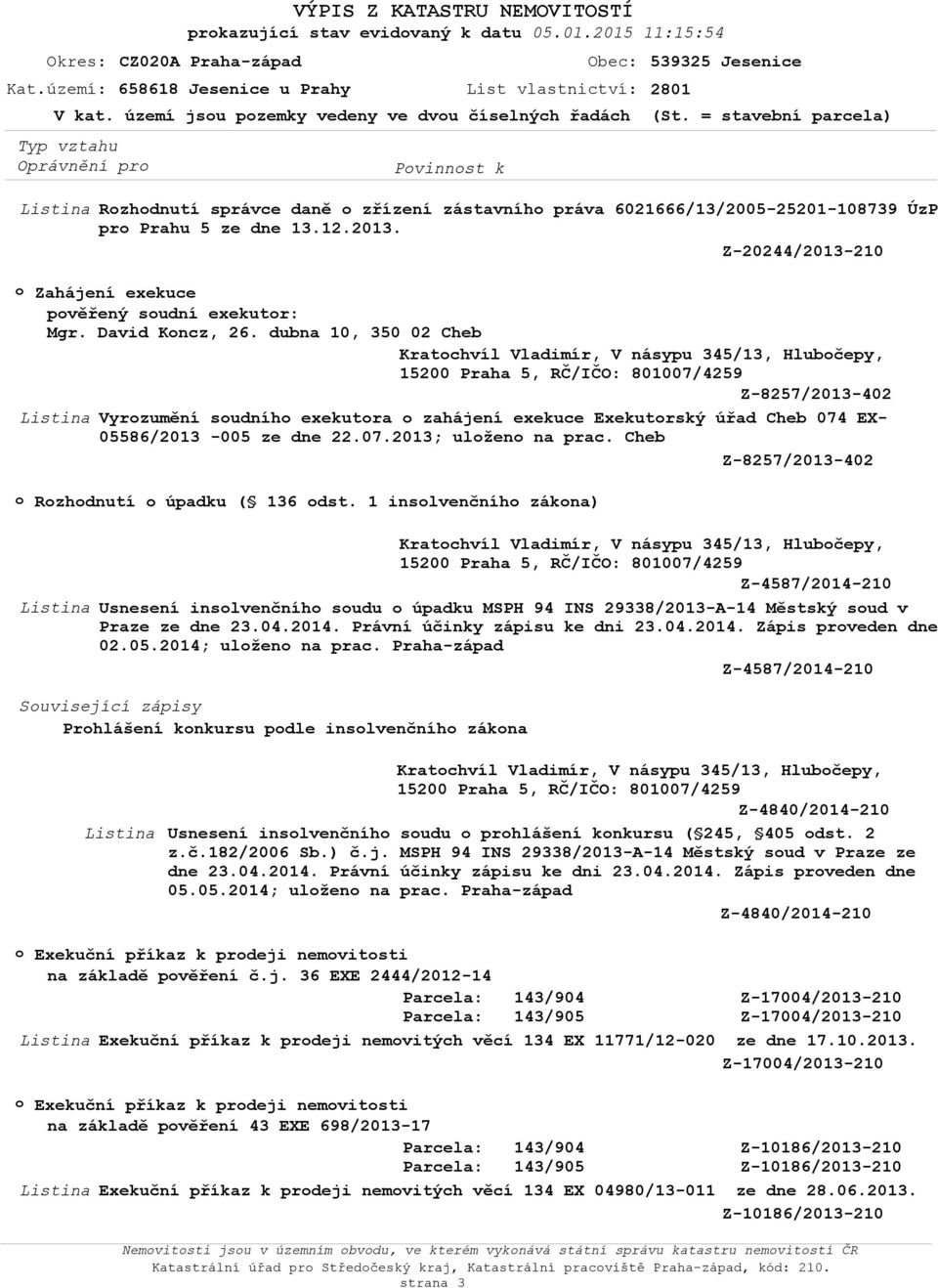 Cheb Z-8257/2013-402 Rzhdnutí úpadku ( 136 dst. 1 inslvenčníh zákna) Z-4587/2014-210 Usnesení inslvenčníh sudu úpadku MSPH 94 INS 29338/2013-A-14 Městský sud v Praze ze dne 23.04.2014. Právní účinky zápisu ke dni 23.