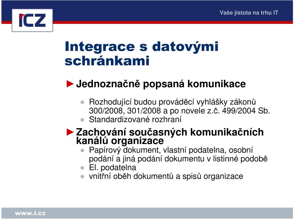 Standardizované rozhraní Zachování současných komunikačních kanálů organizace Papírový