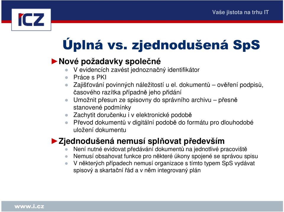 elektronické podobě Převod dokumentů v digitální podobě do formátu pro dlouhodobé uložení dokumentu Zjednodušená nemusí splňovat především Není nutné evidovat předávání