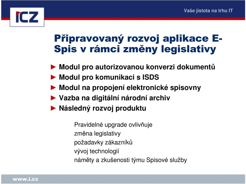 Vazba na digitální národní archiv Následný rozvoj produktu Pravidelné upgrade ovlivňuje