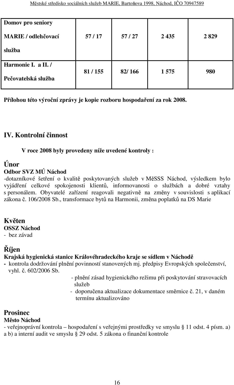 Kontrolní činnost V roce 2008 byly provedeny níže uvedené kontroly : Únor Odbor SVZ MÚ Náchod -dotazníkové šetření o kvalitě poskytovaných služeb v MěSSS Náchod, výsledkem bylo vyjádření celkové