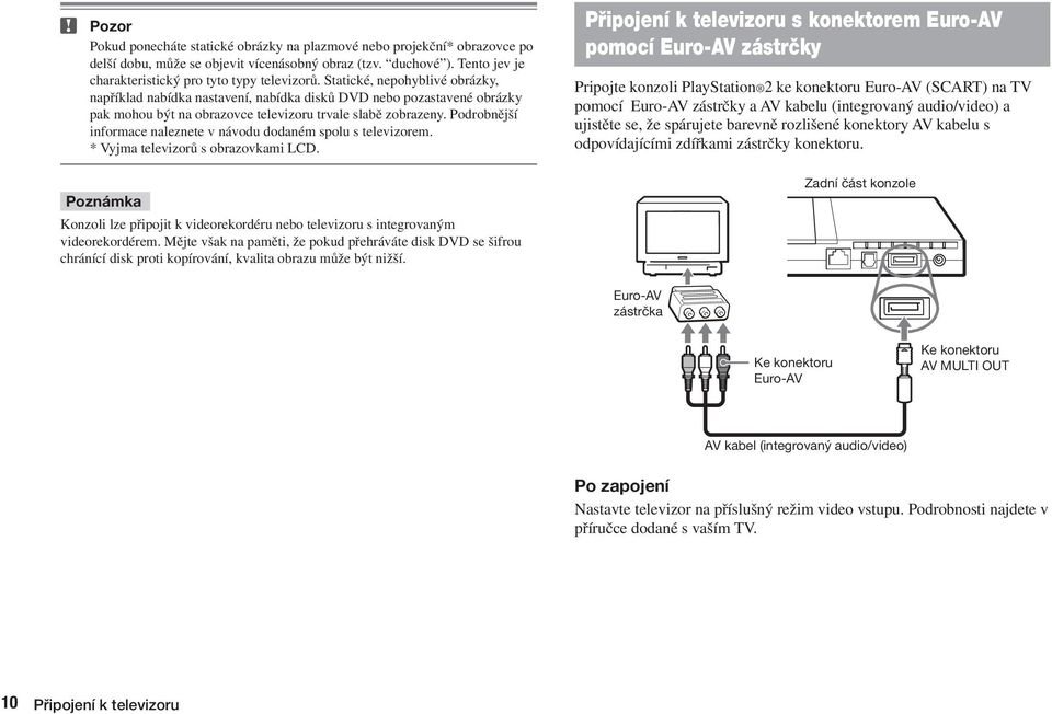 Podrobnûj í informace naleznete v návodu dodaném spolu s televizorem. * Vyjma televizorû s obrazovkami LCD. Konzoli lze pfiipojit k videorekordéru nebo televizoru s integrovan m videorekordérem.