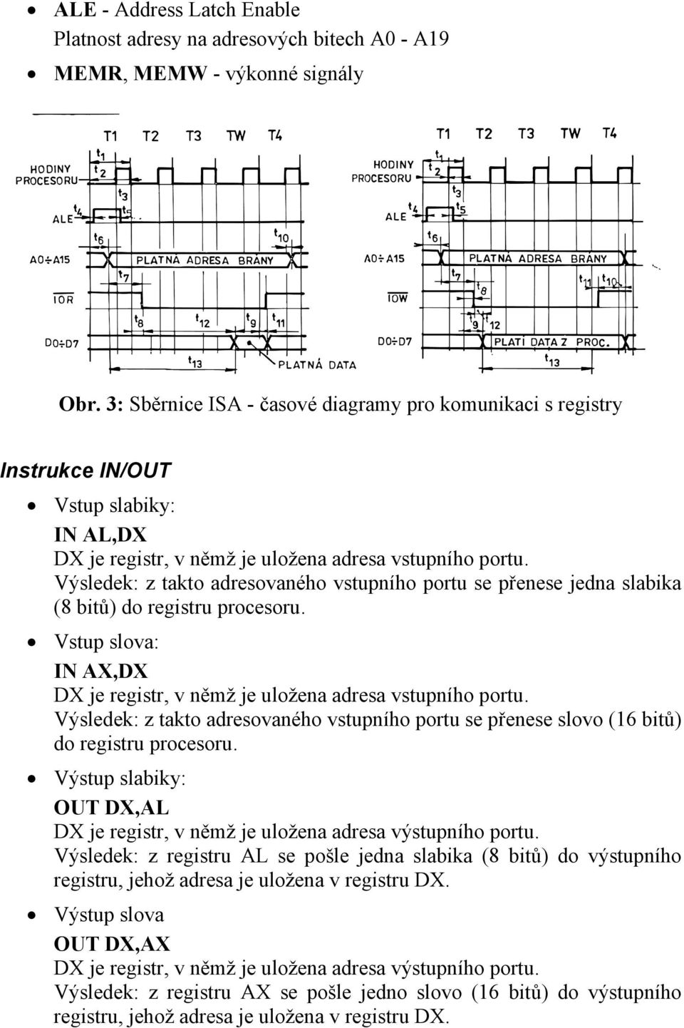 Výsledek: z takto adresovaného vstupního portu se přenese jedna slabika (8 bitů) do registru procesoru. Vstup slova: IN AX,DX DX je registr, v němž je uložena adresa vstupního portu.