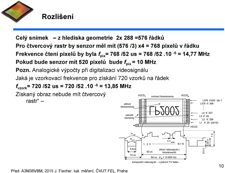 Analogické výpočty při digitalizaci videosignálu Jaká je vzorkovací frekvence pro získání 720 vzorků na řádek f vzork = 720 /52 us = 720 /52.