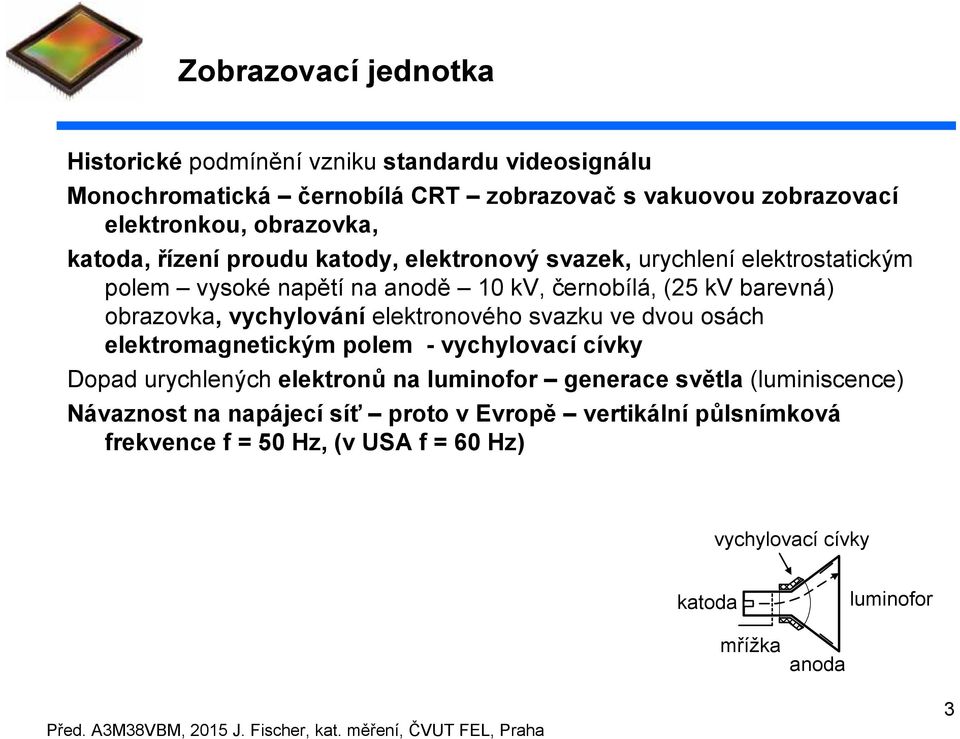 obrazovka, vychylování elektronového svazku ve dvou osách elektromagnetickým polem - vychylovací cívky Dopad urychlených elektronů na luminofor generace