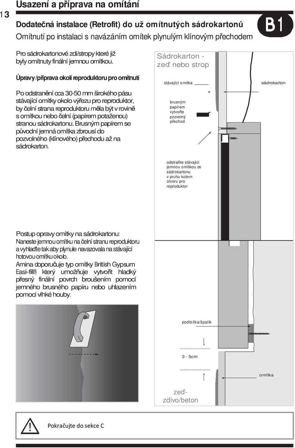 Úpravy /příprava okolí reproduktoru pro omítnutí Po odstranění cca 30-50 mm širokého pásu stávající omítky okolo výřezu pro reproduktor, by čelní strana reproduktoru měla být v rovině s omítkou nebo