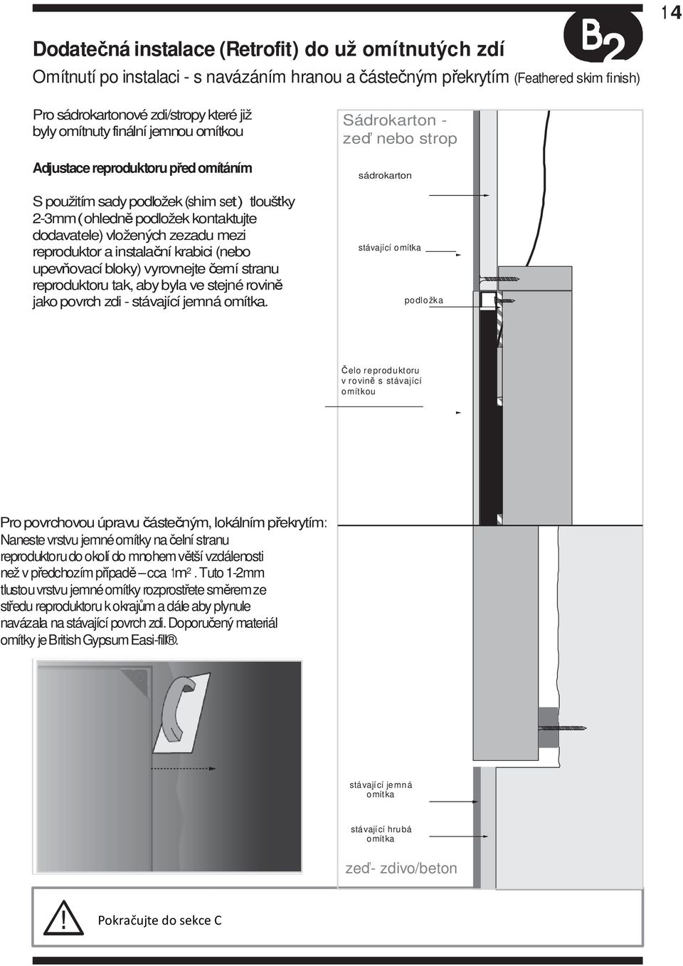 instalační krabici (nebo upevňovací bloky) vyrovnejte černí stranu reproduktoru tak, aby byla ve stejné rovině jako povrch zdi - stávající jemná omítka.