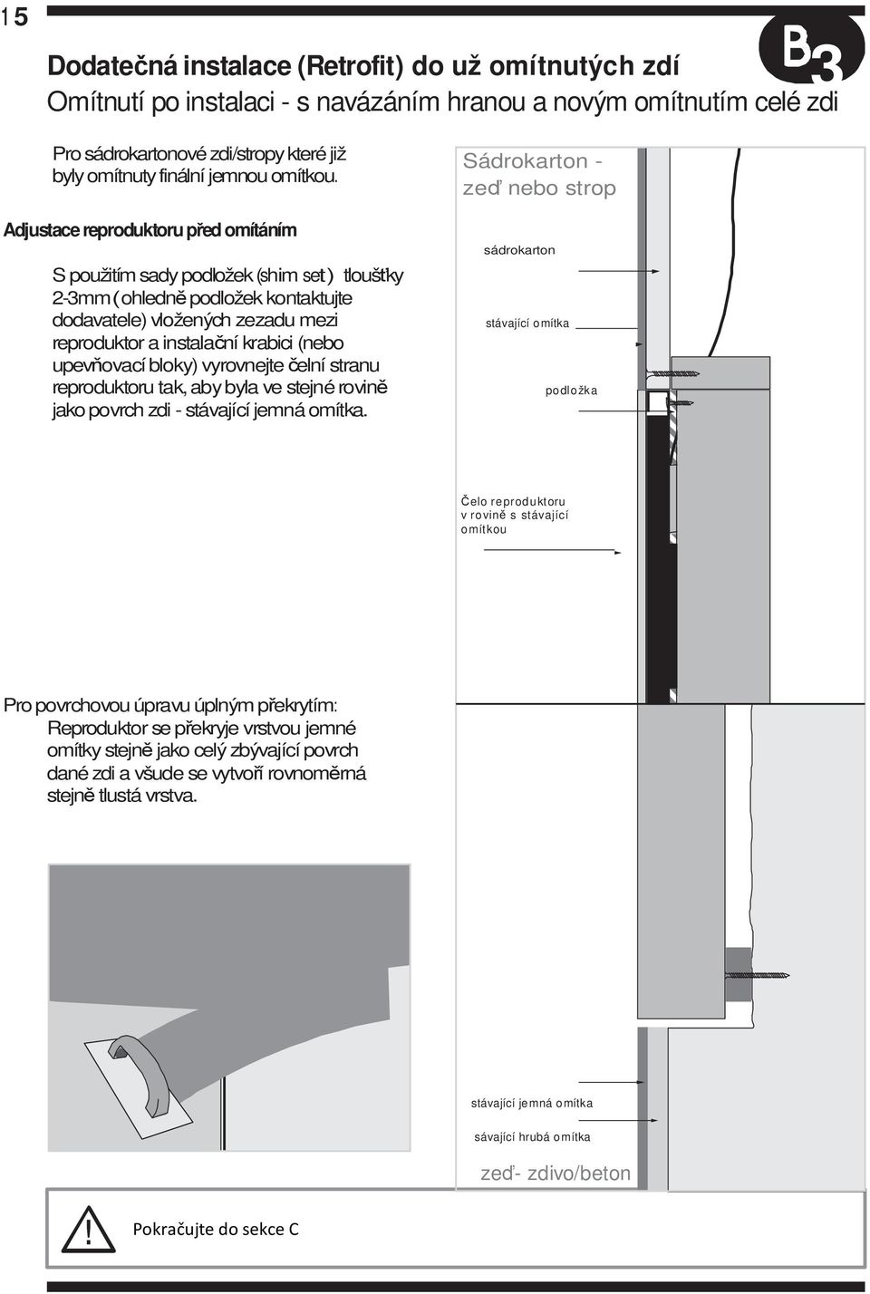 Adjustace reproduktoru před omítáním S použitím sady podložek (shim set) tloušťky 2-3mm(ohledně podložek kontaktujte dodavatele) vložených zezadu mezi reproduktor a instalační krabici (nebo