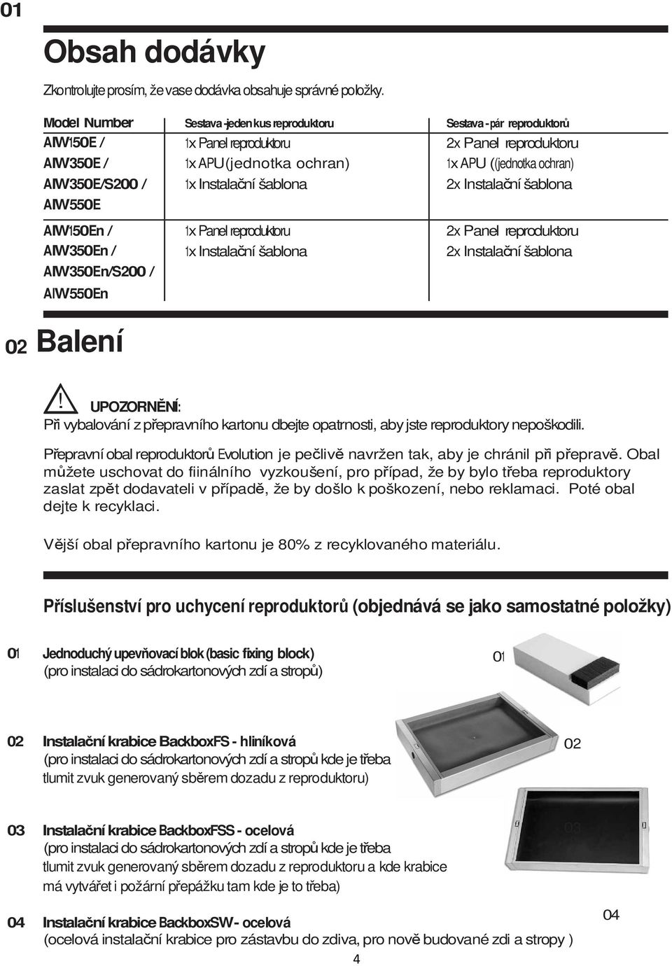 / AIW550E AIW150En / AIW350En / AIW350En/S200 / AIW550En 02 Balení 1x Instalační šablona 1x Panel reproduktoru 1x Instalační šablona 2x Instalační šablona 2x Panel reproduktoru 2x Instalační šablona