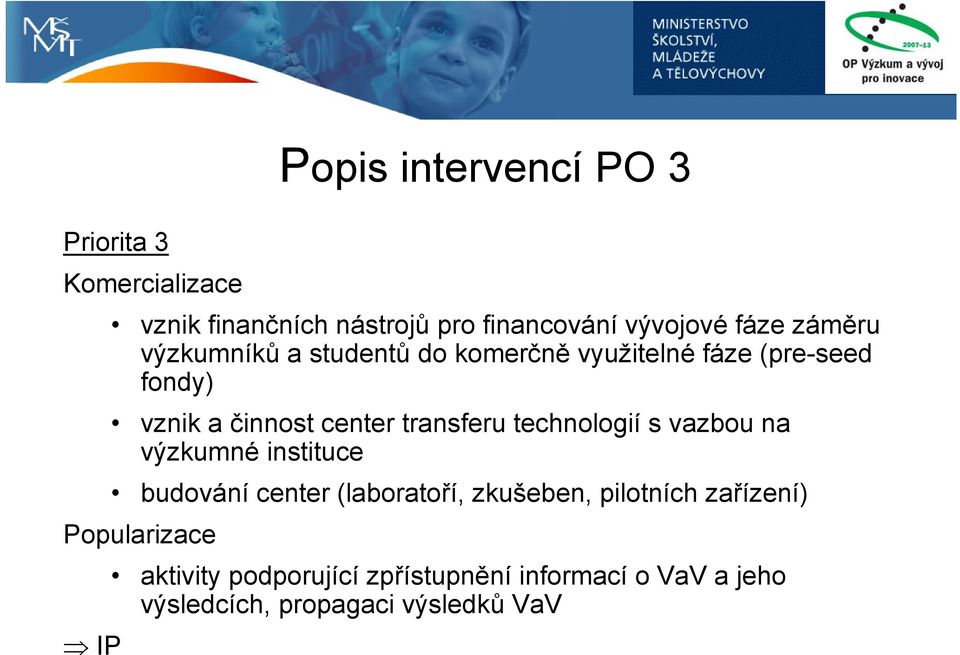 transferu technologií s vazbou na výzkumné instituce budování center (laboratoří, zkušeben, pilotních