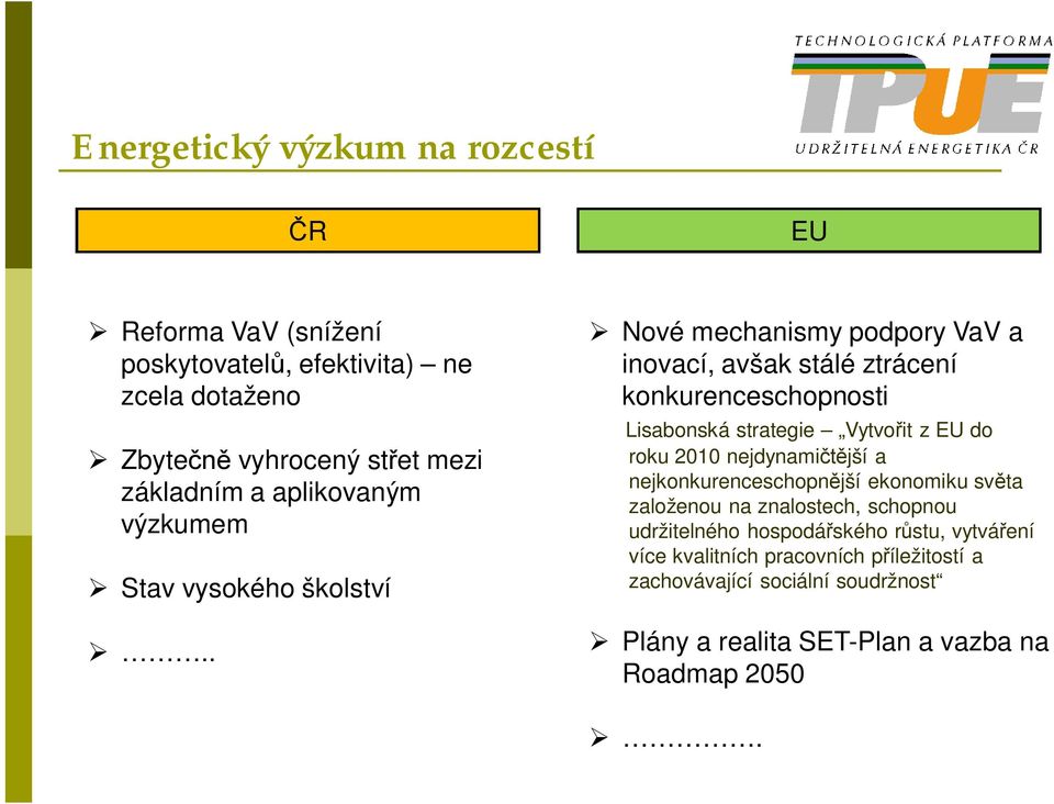 . Nové mechanismy podpory VaV a inovací, avšak stálé ztrácení konkurenceschopnosti Lisabonská strategie Vytvo it z EU do roku 2010 nejdynami