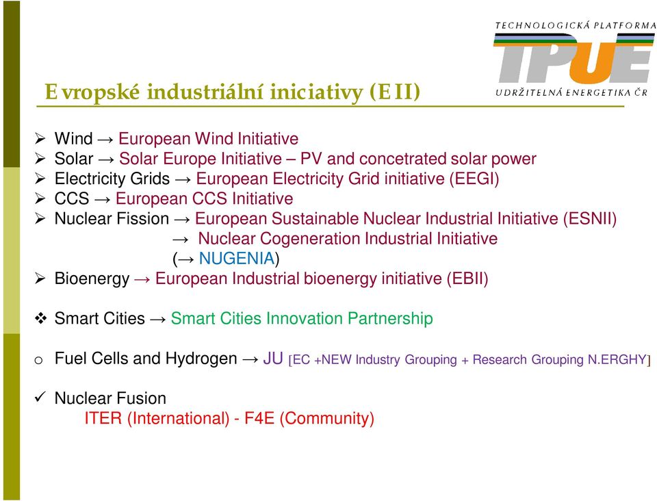 Nuclear Cogeneration Industrial Initiative NUGENIA) Bioenergy European Industrial bioenergy initiative (EBII) Smart Cities Smart Cities Innovation