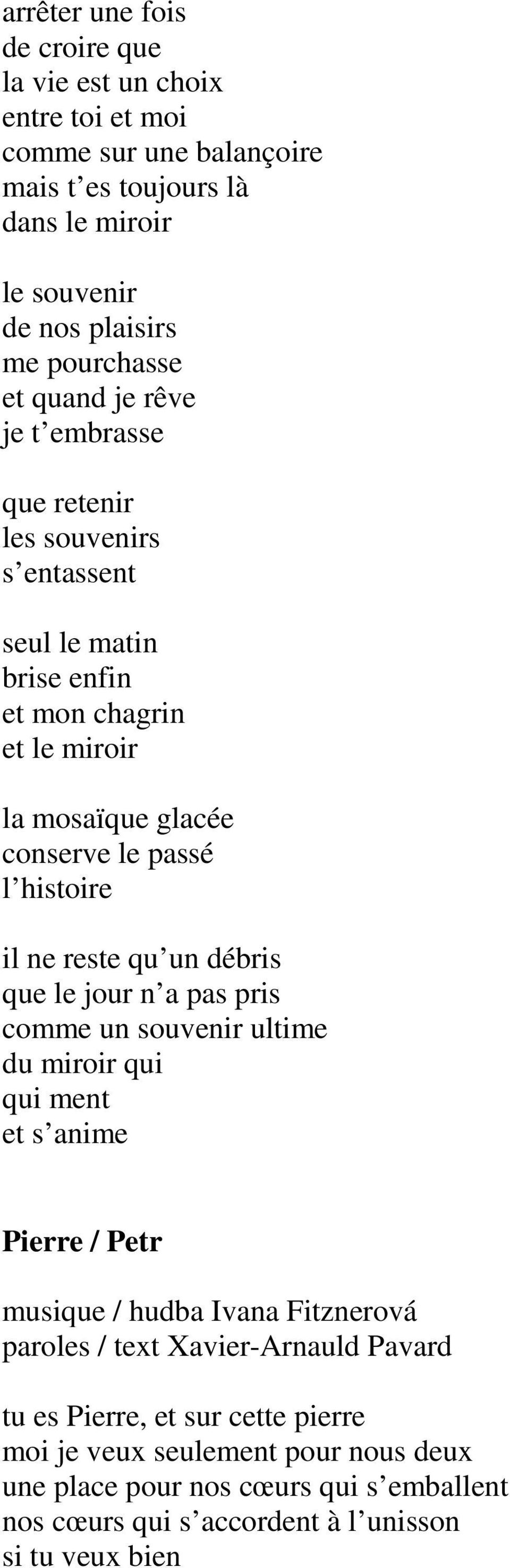 reste qu un débris que le jour n a pas pris comme un souvenir ultime du miroir qui qui ment et s anime Pierre / Petr musique / hudba Ivana Fitznerová paroles / text