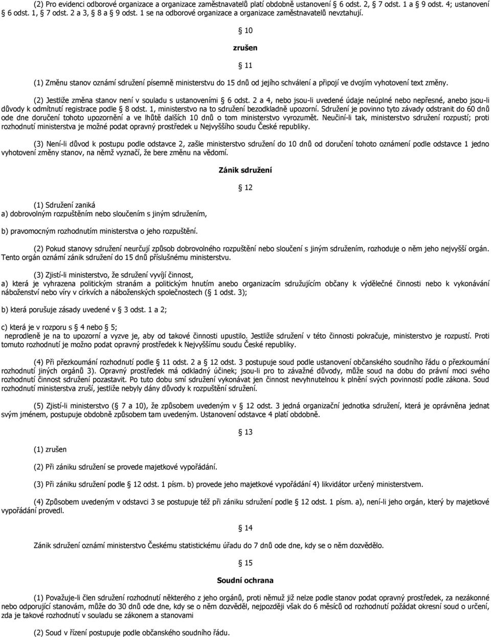10 zrušen 11 (1) Změnu stanov oznámí sdružení písemně ministerstvu do 15 dnů od jejího schválení a připojí ve dvojím vyhotovení text změny.