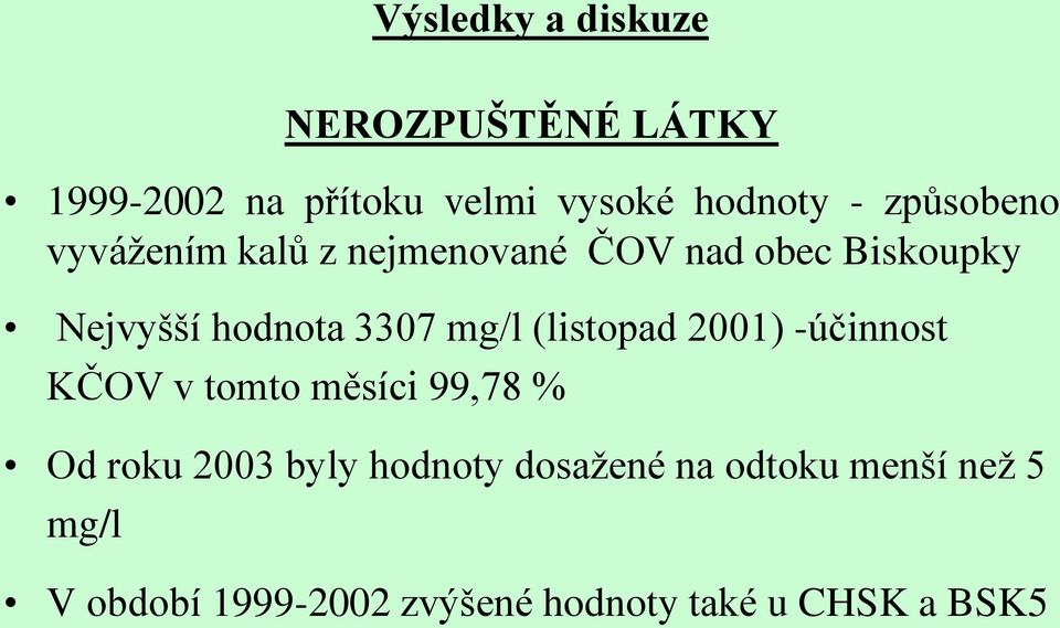 mg/l (listopad 2001) -účinnost KČOV v tomto měsíci 99,78 % Od roku 2003 byly hodnoty