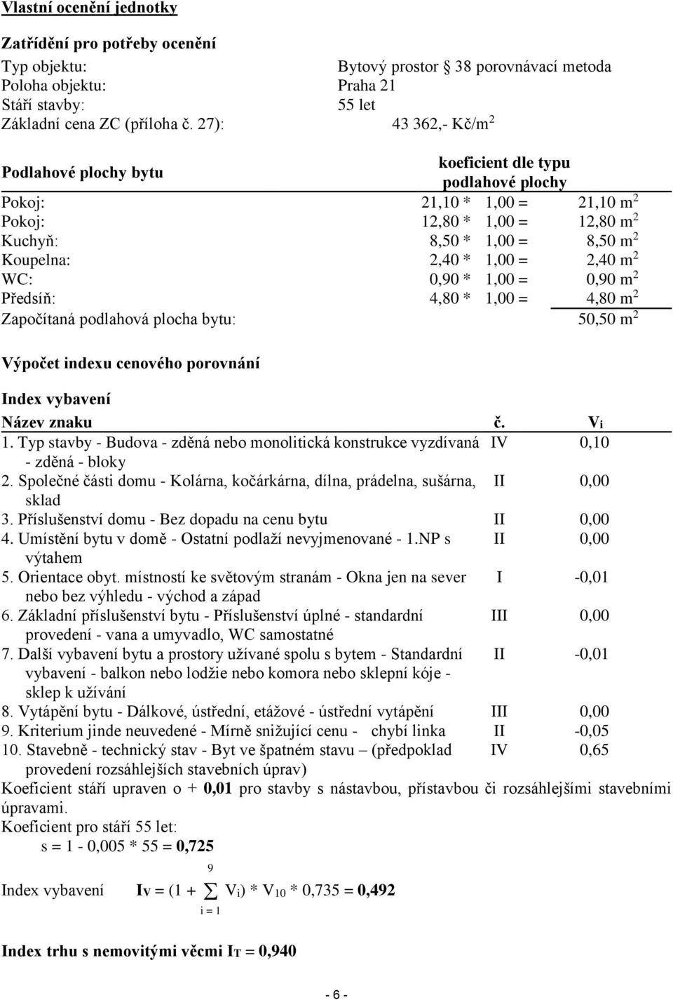 2,40 m 2 WC: 0,90 * 1,00 = 0,90 m 2 Předsíň: 4,80 * 1,00 = 4,80 m 2 Započítaná podlahová plocha bytu: 50,50 m 2 Výpočet indexu cenového porovnání Index vybavení Název znaku č. Vi 1.