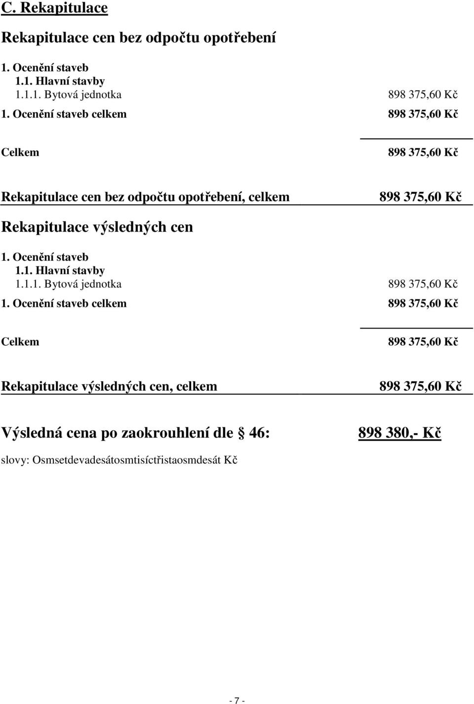 výsledných cen 1. Ocenění staveb 1.1. Hlavní stavby 1.1.1. Bytová jednotka 898 375,60 Kč 1.