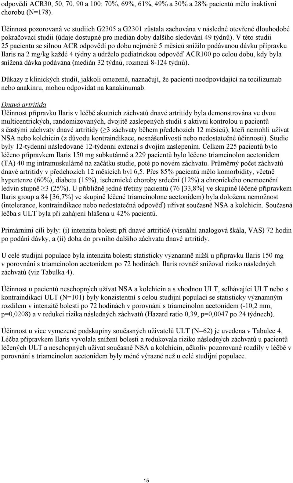 V této studii 25 pacientů se silnou ACR odpovědí po dobu nejméně 5 měsíců snížilo podávanou dávku přípravku Ilaris na 2 mg/kg každé 4 týdny a udrželo pediatrickou odpověď ACR100 po celou dobu, kdy