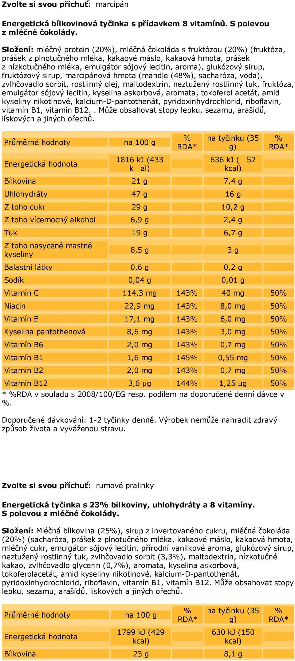 glukózový sirup, fruktózový sirup, marcipánová hmota (mandle (48), sacharóza, voda), zvlhčovadlo sorbit, rostlinný olej, maltodextrin, neztužený rostlinný tuk, fruktóza, emulgátor sójový lecitin,