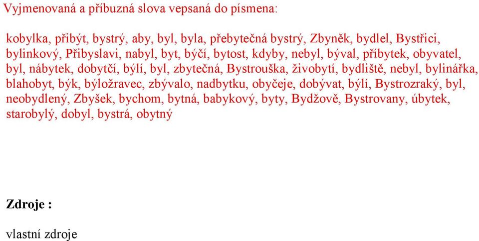 Bystrouška, živobytí, bydliště, nebyl, bylinářka, blahobyt, býk, býložravec, zbývalo, nadbytku, obyčeje, dobývat, býlí, Bystrozraký,