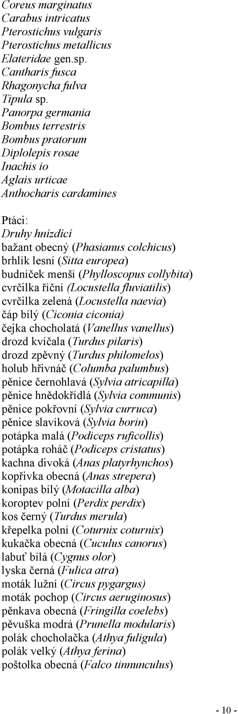 europea) budníček menší (Phylloscopus collybita) cvrčilka říční (Locustella fluviatilis) cvrčilka zelená (Locustella naevia) čáp bílý (Ciconia ciconia) čejka chocholatá (Vanellus vanellus) drozd