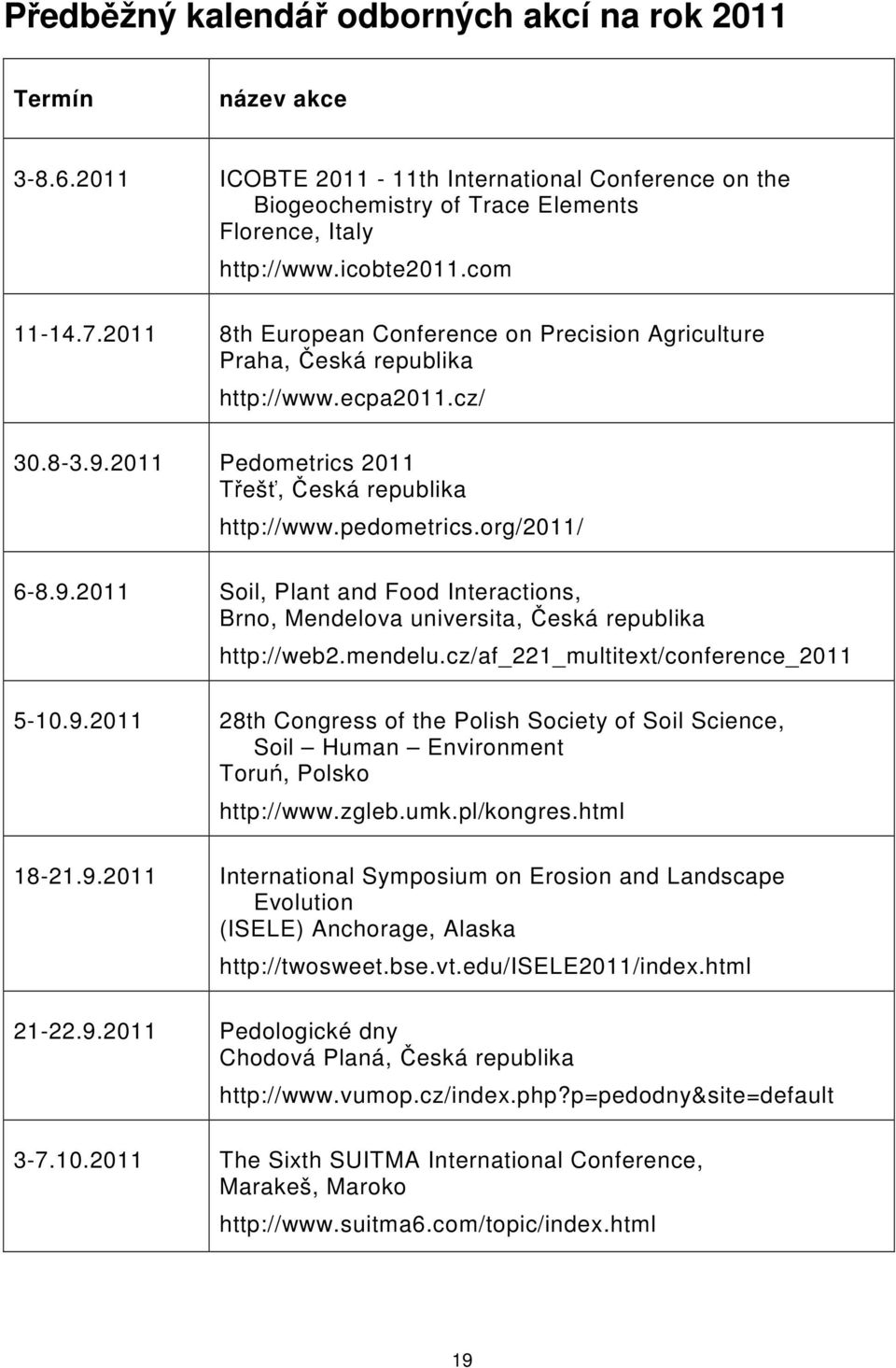 org/2011/ 6-8.9.2011 Soil, Plant and Food Interactions, Brno, Mendelova universita, Česká republika http://web2.mendelu.cz/af_221_multitext/conference_2011 5-10.9.2011 28th Congress of the Polish Society of Soil Science, Soil Human Environment Toruń, Polsko http://www.