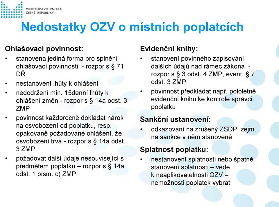 3 ZMP požadovat další údaje nesouvisející s předmětem poplatku rozpor s 14a odst. 1 písm. c) ZMP Evidenční knihy: stanovení povinného zapisování dalších údajů nad rámec zákona - rozpor s 3 odst.