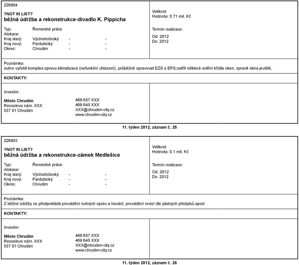 okna jeviště, 11. týden 2012, záznam č. 25 226803 běžná údržba a rekonstrukce-zámek Medlešice Hodnota: 0.1 mil.