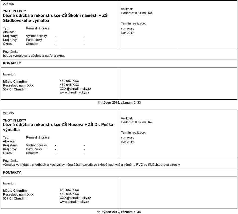 33 226795 běžná údržba a rekonstrukce-zš Husova + ZŠ Dr. Peškavýmalba Hodnota: 0.87 mil.