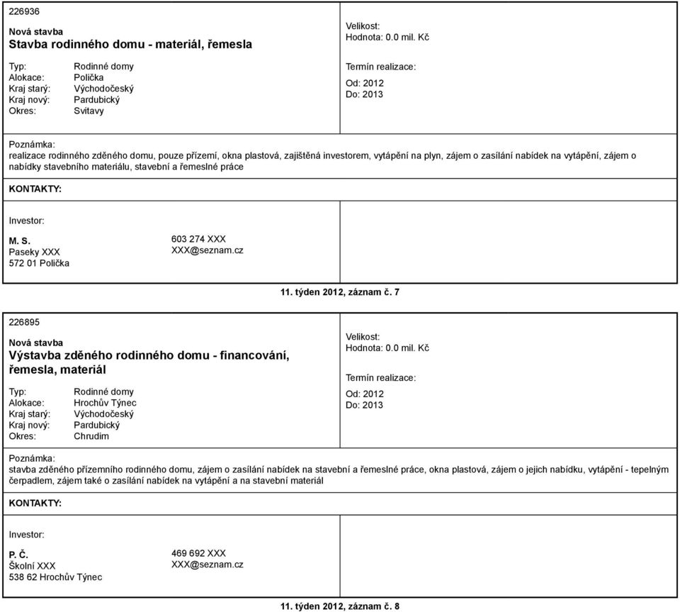 plyn, zájem o zasílání nabídek na vytápění, zájem o nabídky stavebního materiálu, stavební a řemeslné práce M. S. Paseky XXX 572 01 Polička 603 274 XXX XXX@seznam.cz 11. týden 2012, záznam č.