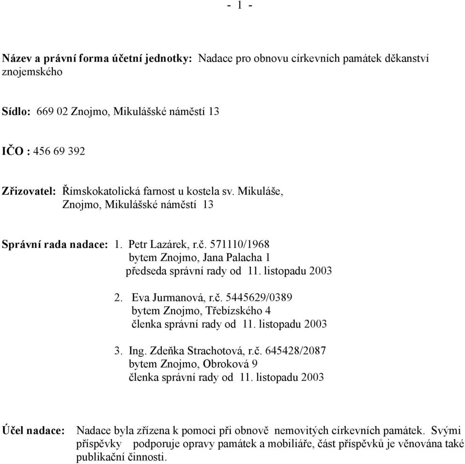 Eva Jurmanová, r.č. 5445629/0389 bytem Znojmo, Třebízského 4 členka správní rady od 11. listopadu 2003 3. Ing. Zdeňka Strachotová, r.č. 645428/2087 bytem Znojmo, Obroková 9 členka správní rady od 11.