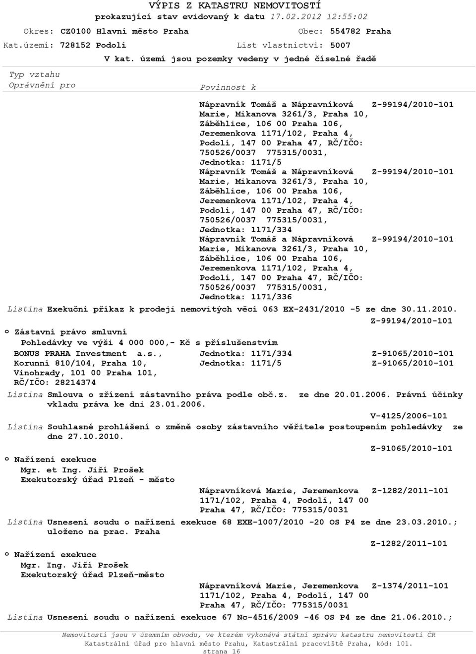 avní právo smluvní Pohledávky ve výši 4 000 000,- Kč s příslušenstvím BONUS PRAHA Investment a.s., Z-91065/2010-101 Korunní 810/104, Praha 10, Z-91065/2010-101 Vinohrady, 101 00 Praha 101, RČ/IČO: 28214374 Listina Smlouva o zřízení zástavního práva podle obč.