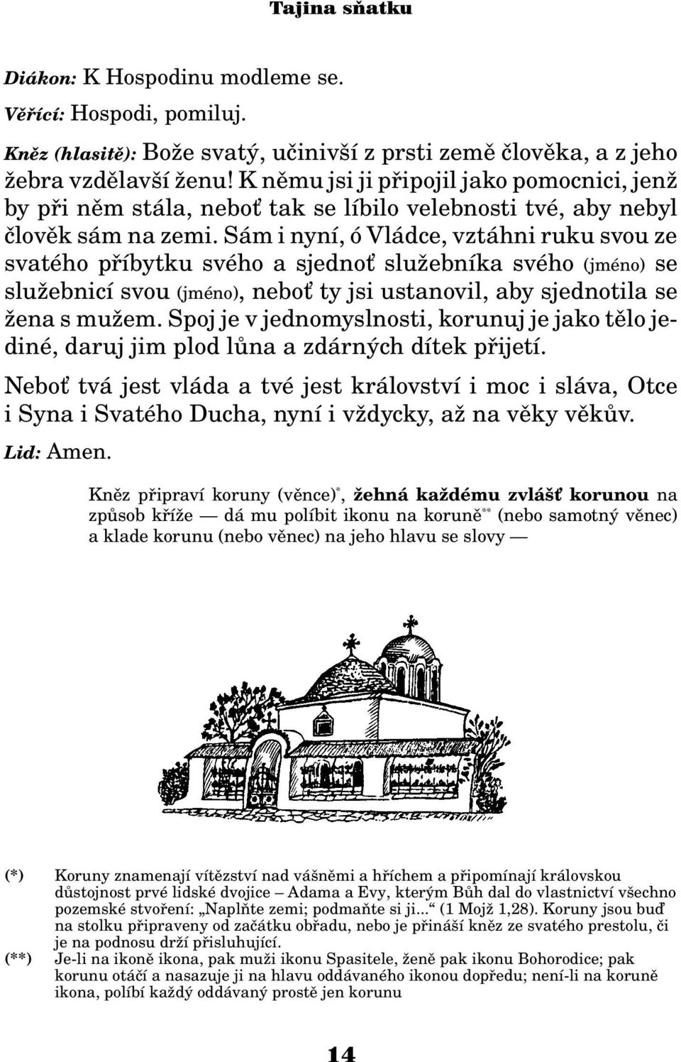 Sám i nyní, ó Vládce, vztáhni ruku svou ze svatého pøíbytku svého a sjedno slu ebníka svého (jméno) se slu ebnicí svou (jméno), nebo ty jsi ustanovil, aby sjednotila se ena s mu em.