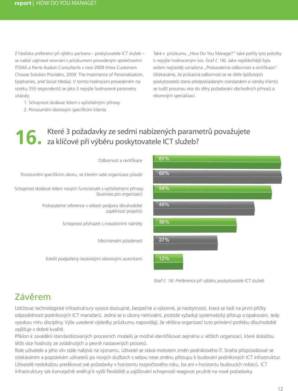 Schopnost dodávat řešení s vyčíslitelnými přínosy 2. Porozumění oborovým specifikům klienta Také v průzkumu How Do You Manage? také patřily tyto položky k nejvýše hodnoceným (viz. Graf č. 16).