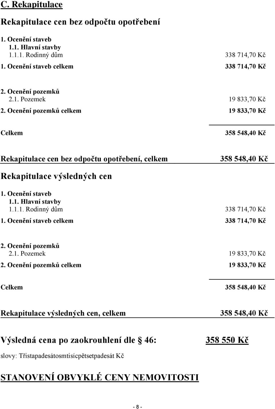 Ocenění staveb celkem 338 714,70 Kč 2. Ocenění pozemků 2.1. Pozemek 19 833,70 Kč 2.