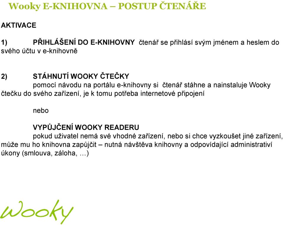 zařízení, je k tomu potřeba internetové připojení nebo VYPŮJČENÍ WOOKY READERU pokud uţivatel nemá své vhodné zařízení, nebo si