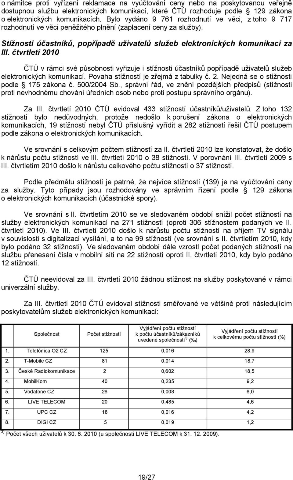 čtvrtletí 2010 ČTÚ v rámci své působnosti vyřizuje i stížnosti účastníků popřípadě uživatelů služeb elektronických komunikací. Povaha stížností je zřejmá z tabulky č. 2. Nejedná se o stížnosti podle 175 zákona č.