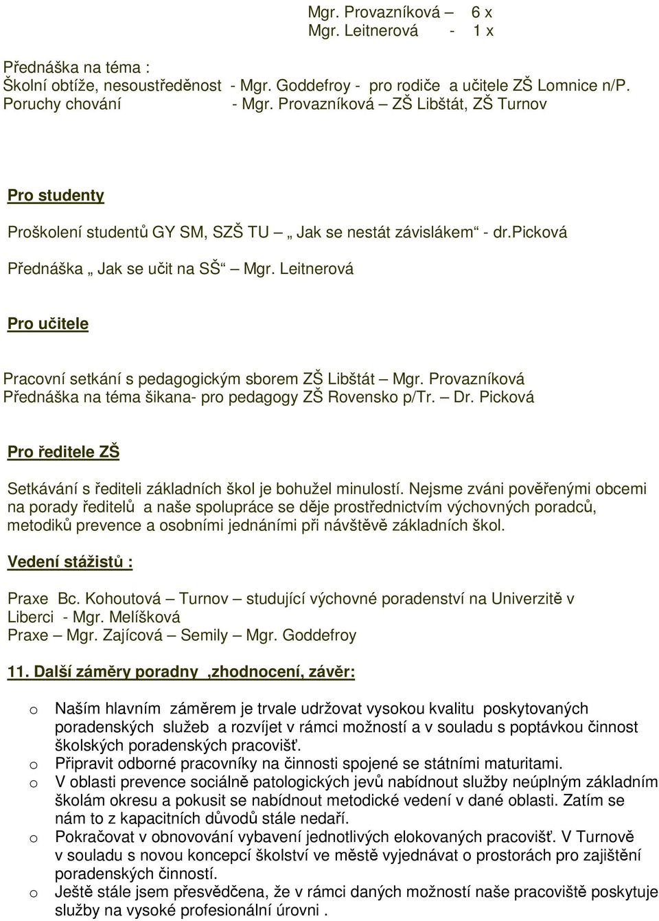 Leitnerová Pro učitele Pracovní setkání s pedagogickým sborem ZŠ Libštát Mgr. Provazníková Přednáška na téma šikana- pro pedagogy ZŠ Rovensko p/tr. Dr.