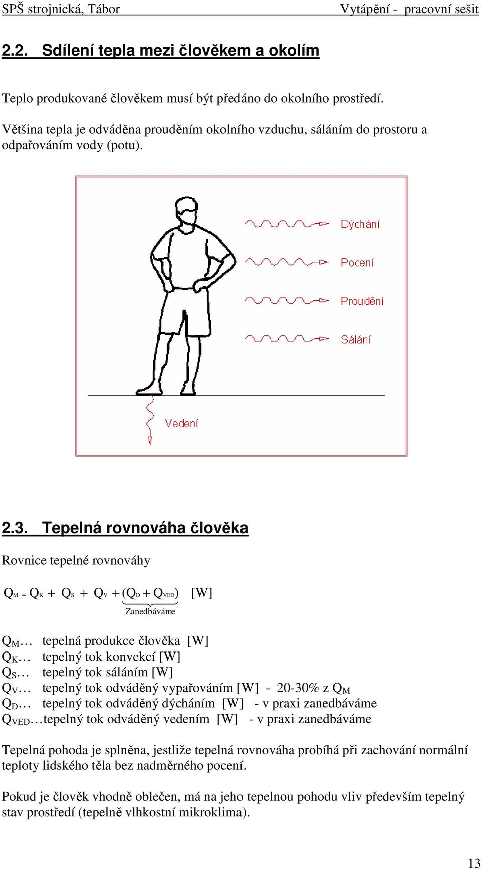 Tepelná rovnováha člověka Rovnice tepelné rovnováhy Q M = Q K + Q S + Q V + (QD QVED) 14243 + Zanedbáváme [W] Q M tepelná produkce člověka [W] Q K tepelný tok konvekcí [W] Q S tepelný tok sáláním [W]