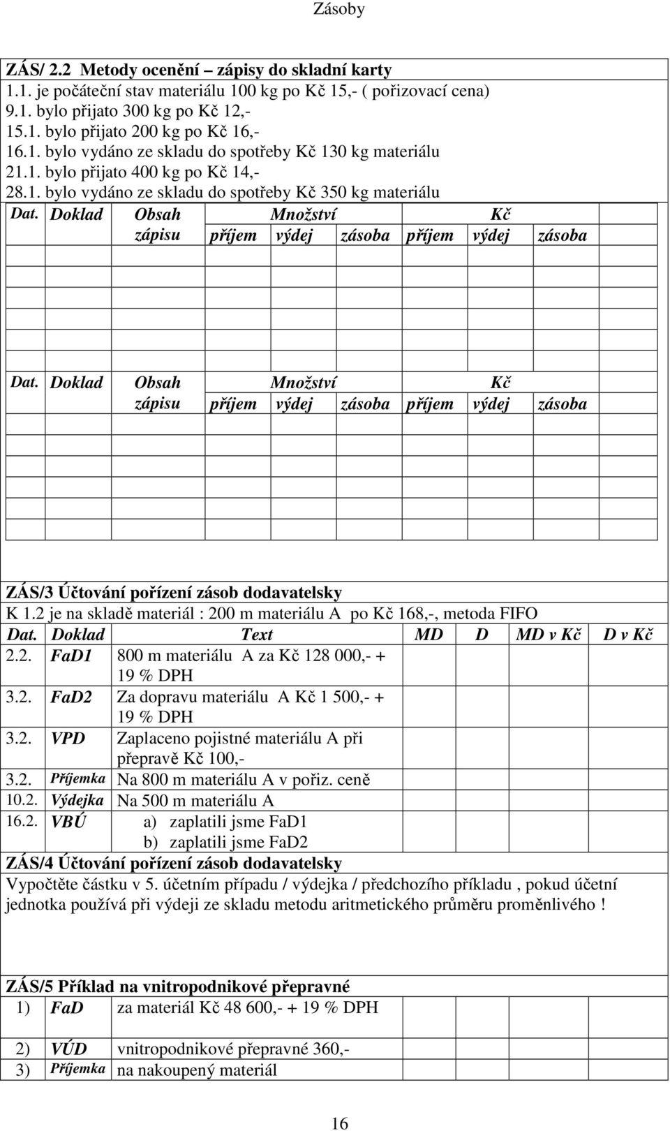 Doklad Obsah Množství Kč zápisu příjem výdej zásoba příjem výdej zásoba Dat. Doklad Obsah Množství Kč zápisu příjem výdej zásoba příjem výdej zásoba ZÁS/3 Účtování pořízení zásob dodavatelsky K 1.