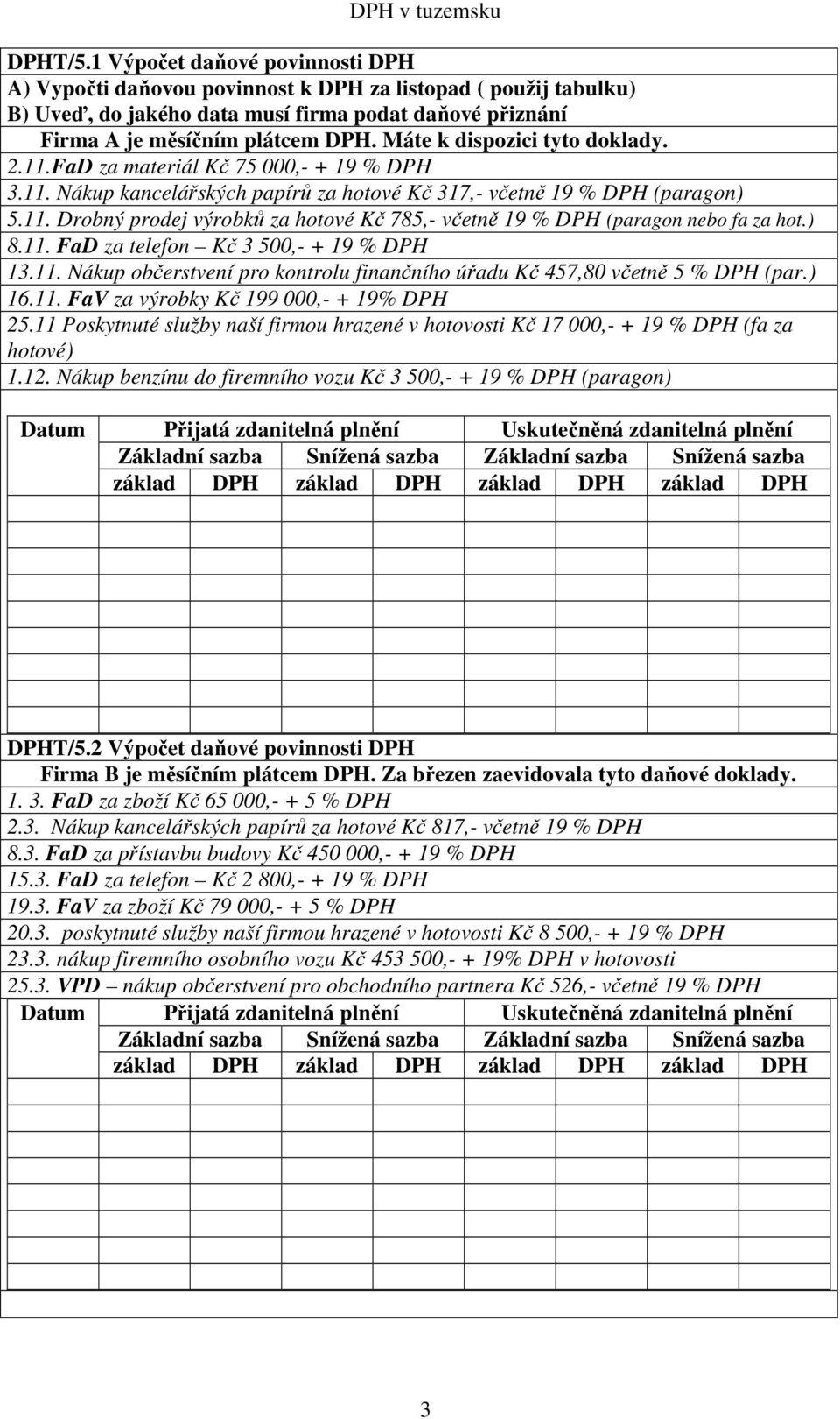 Máte k dispozici tyto doklady. 2.11.FaD za materiál Kč 75 000,- + 19 % DPH 3.11. Nákup kancelářských papírů za hotové Kč 317,- včetně 19 % DPH (paragon) 5.11. Drobný prodej výrobků za hotové Kč 785,- včetně 19 % DPH (paragon nebo fa za hot.