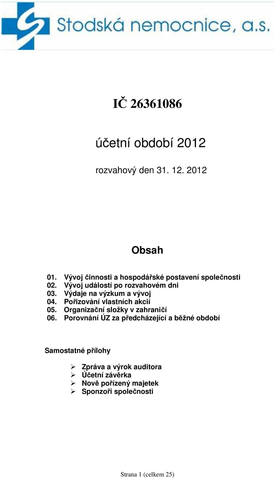 Výdaje na výzkum a vývoj 04. Pořizování vlastních akcií 05. Organizační složky v zahraničí 06.