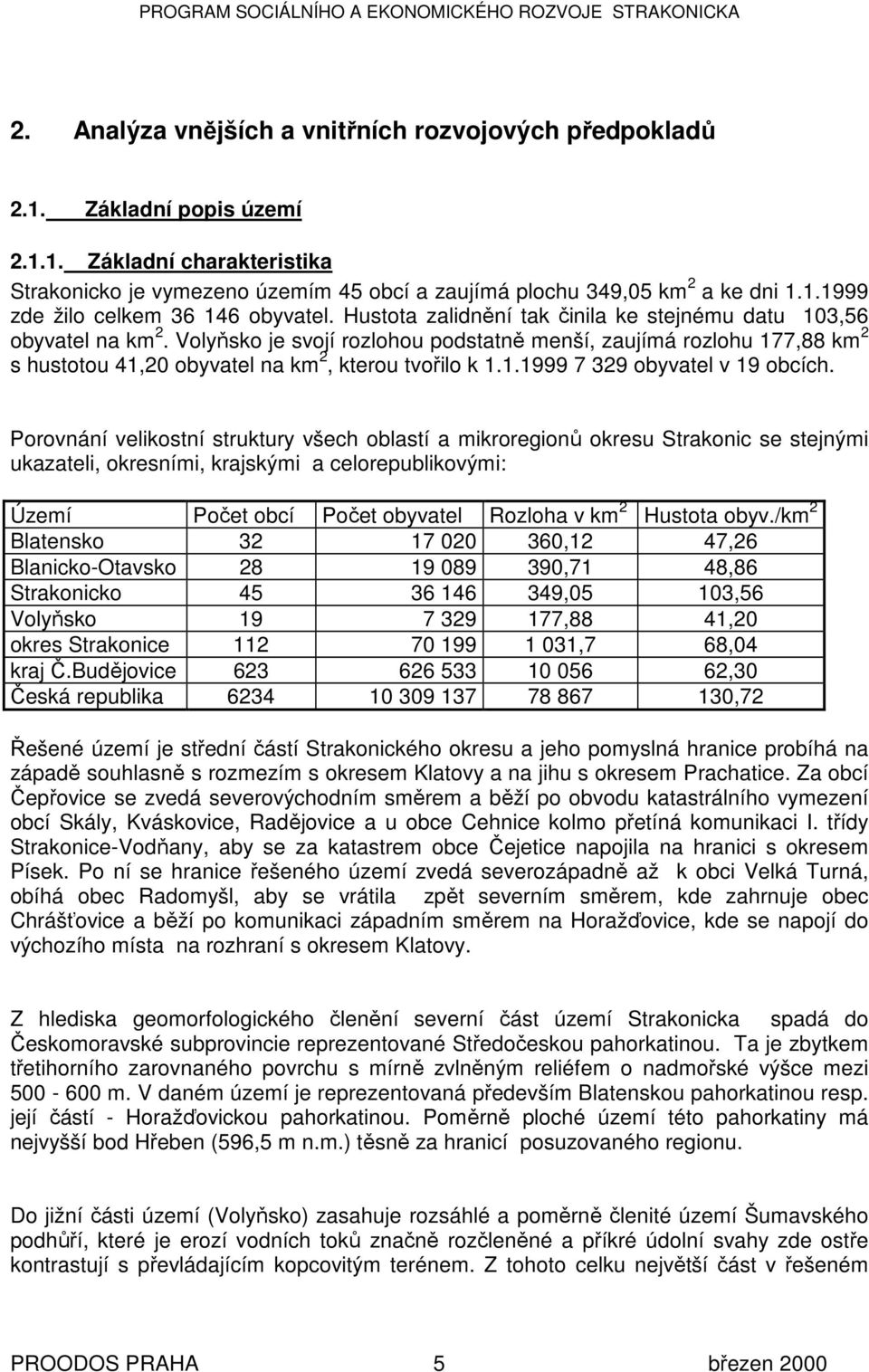 Porovnání velikostní struktury všech oblastí a mikroregionů okresu Strakonic se stejnými ukazateli, okresními, krajskými a celorepublikovými: Území Počet obcí Počet obyvatel Rozloha v km 2 Hustota