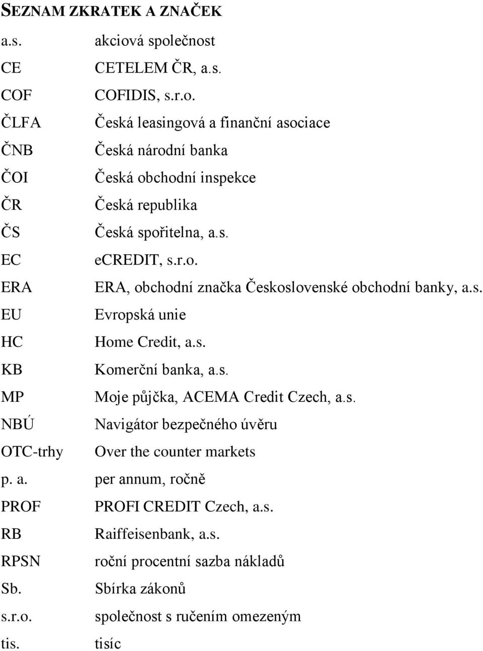 s. EC ecredit, s.r.o. ERA ERA, obchodní značka Československé obchodní banky, a.s. EU Evropská unie HC Home Credit, a.s. KB Komerční banka, a.s. MP Moje půjčka, ACEMA Credit Czech, a.