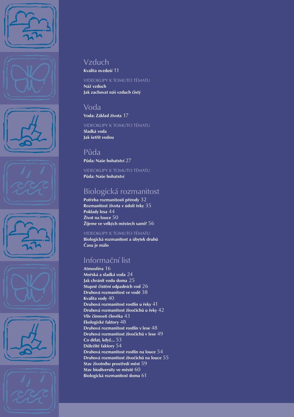 sami? 56 VIDEOKLIPY K TOMUTO TÉMATU Biologická rozmanitost a úbytek druhů Času je málo Informační list Atmosféra 6 Mořská a sladká voda 4 Jak chránit vodu doma 5 Stupně čistění odpadních vod 6