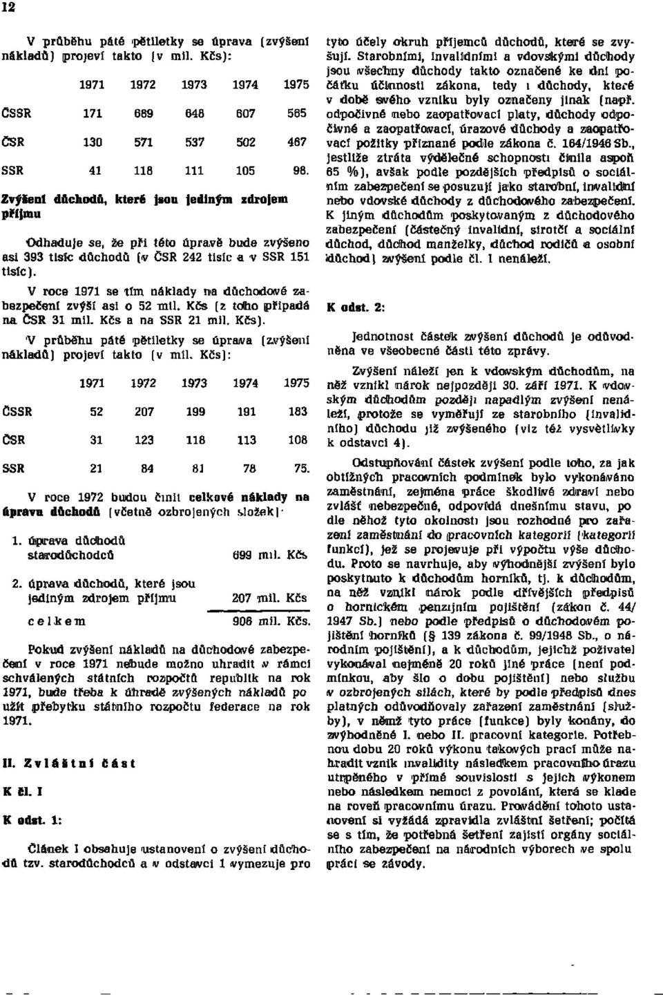 Odhaduje se, že při této úpravě bude zvýšeno asi 393 tisíc důchodů (v ČSR 242 tisíc a v SSR 151 tisíc). V roce 1971 se tím náklady na důchodové zabezpečení zvýší asi o 52 mil.