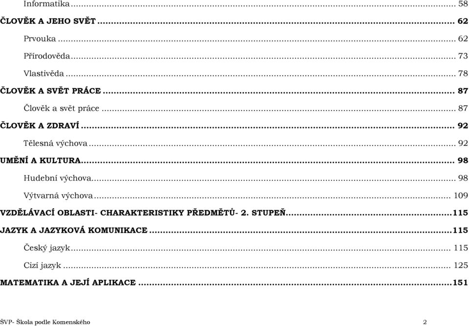 .. 98 Výtvarná výchova... 109 VZDĚLÁVACÍ OBLASTI- CHARAKTERISTIKY PŘEDMĚTŮ- 2. STUPEŇ.